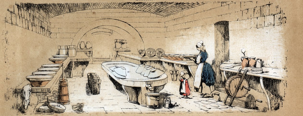 İneklerin çeşitli ürünlerinin ve kullanımlarının tanımı: bir mandıra peynirine bakış. “Les Recreations Instructives” içindeki “La Coache et Ses Produits” levhası Jules DELBRUCK