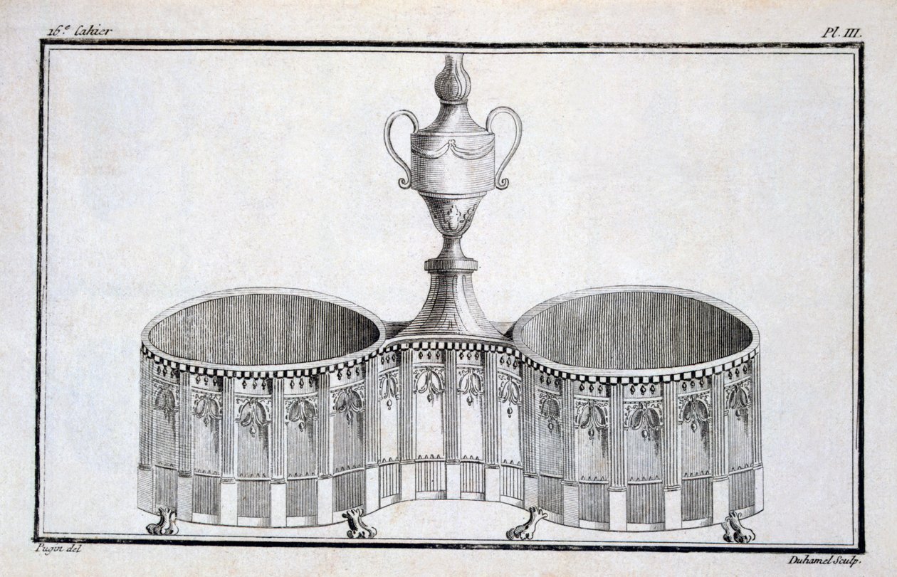 Duhamel tarafından bir araya getirilen Neo-klasik metal işçiliği tasarımlarının bir desen kitabından Pugin tasarımı, c.1770s-80s by French School