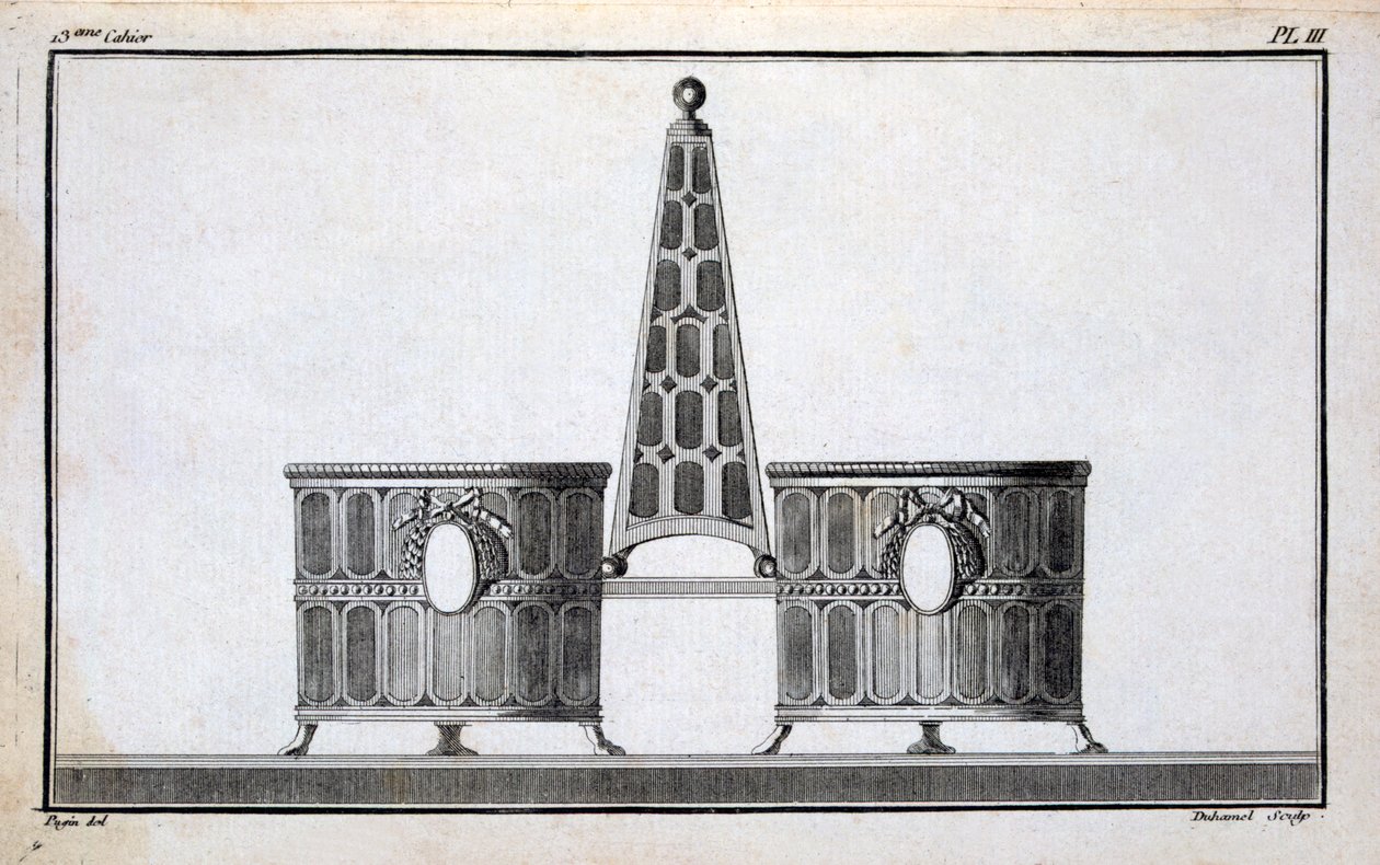 Duhamel tarafından bir araya getirilen Neo-klasik metal işçiliği tasarımlarının bir desen kitabından Pugin tasarımı, c.1770s-80s by French School