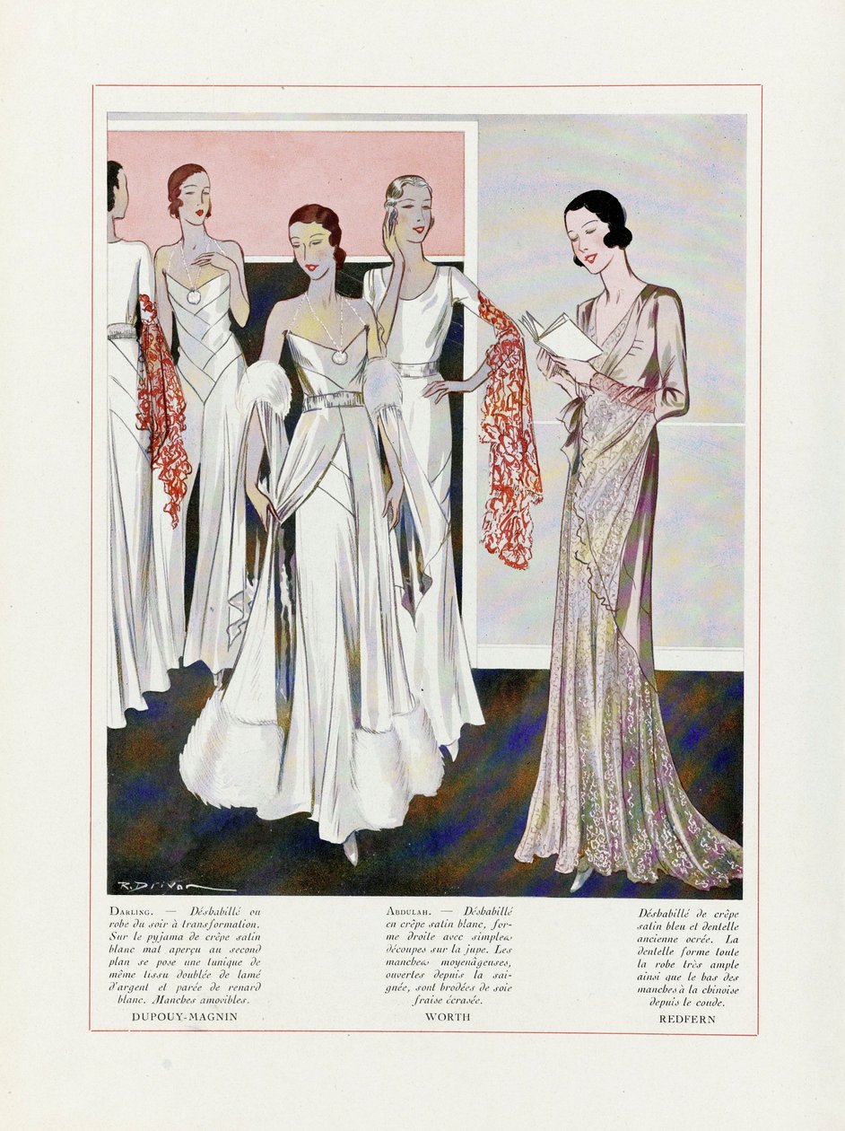 Abiye için Tasarım Depouy-Magnin, Worth ve Redfern, pub. 1931 renkli litografi. by French School