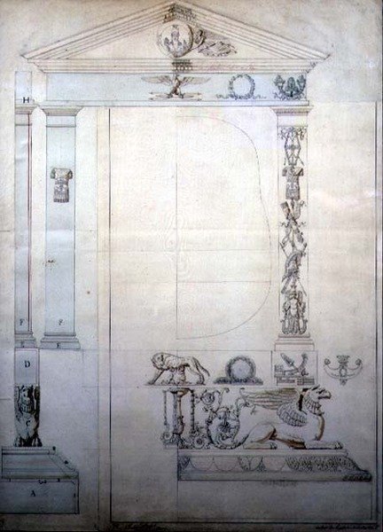 Cheval aynası için tasarım, c.1815 (kağıt üzerine kalem ve mürekkep ve sulu boya) by French School