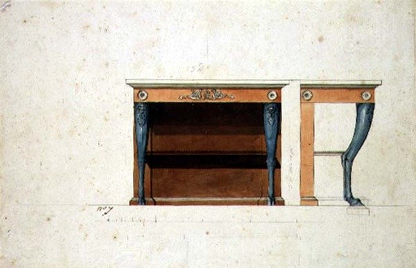 Directoire konsol masası tasarımı, c.1795 (kağıt üzerine sulu boya ile kalem ve mürekkep) by French School