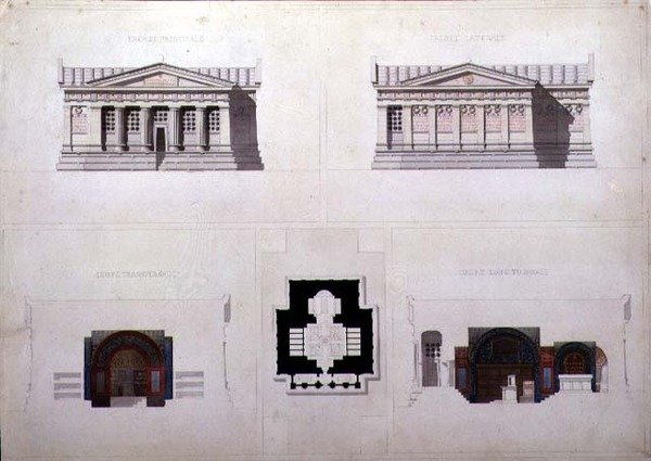 Yunan Revival tarzı bir türbe için tasarım, C.1835 (kağıt üzerine suluboya ile kalem ve mürekkep) by French School