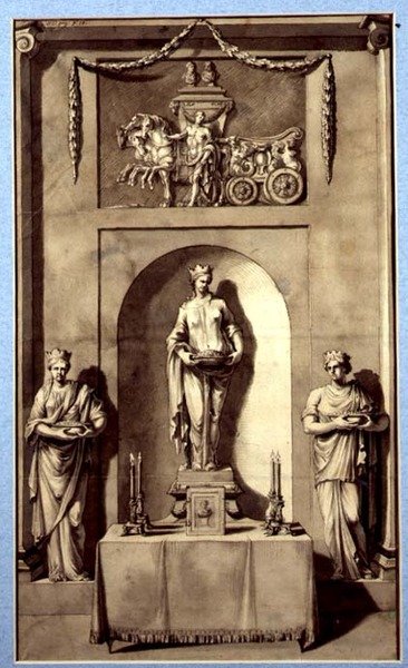 Apollo ve Arabası ile Heykel Oyma Tasarımı, c.1760 (kağıt üzerine suluboya) by French School