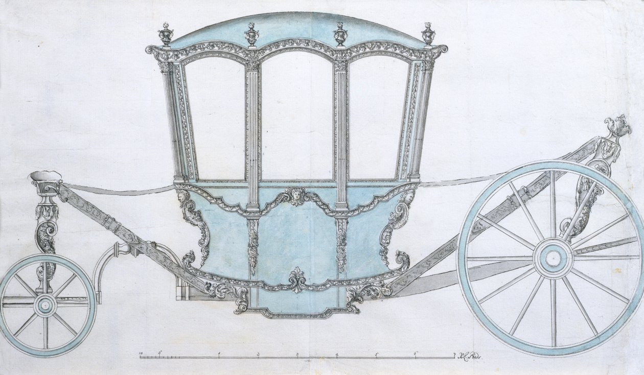 Bir koç için tasarım, c.1760 (mavi yıkamalı kalem ve mürekkep) by French School