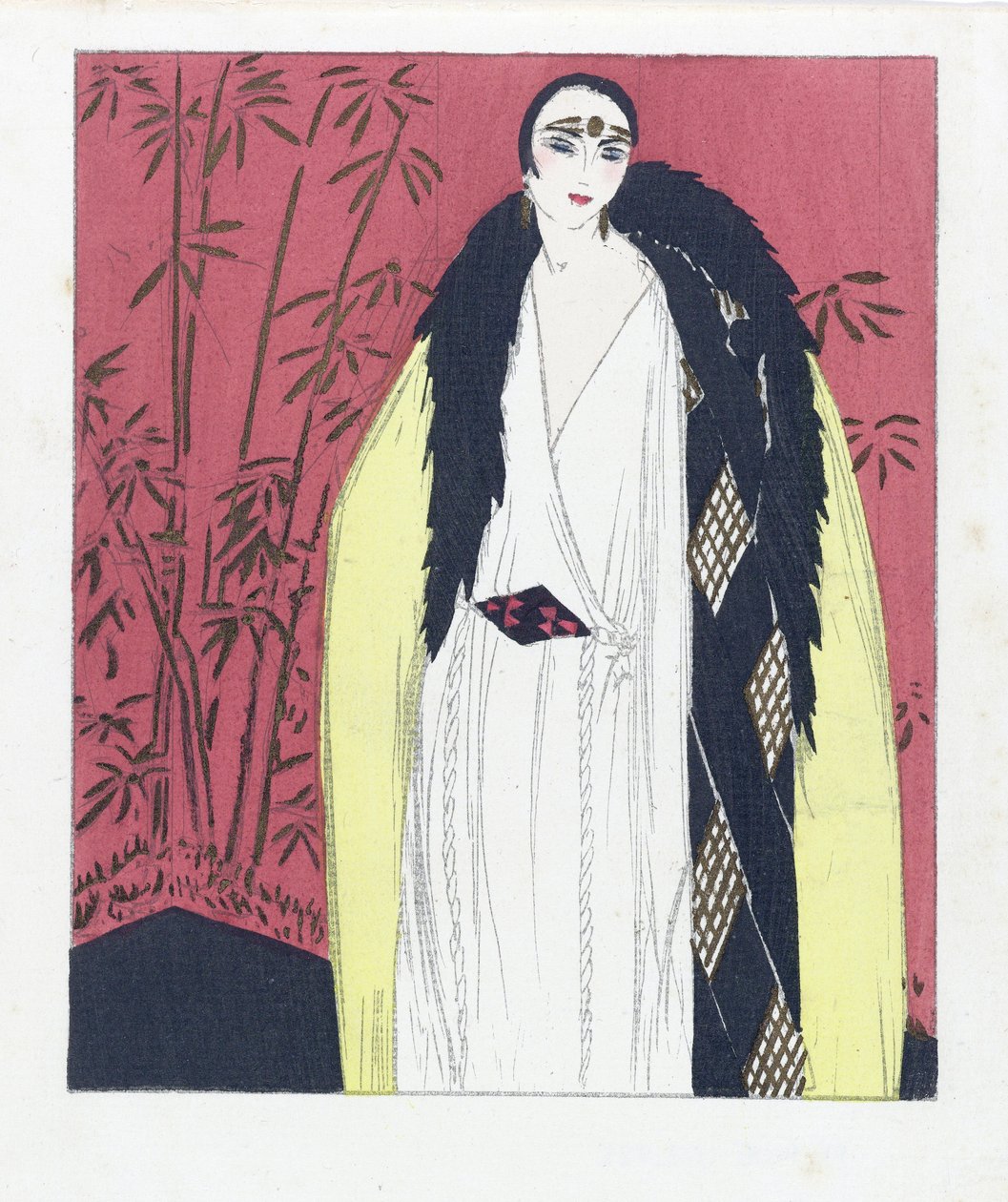 Kürk Süslemeli Pelerinli Gece Elbisesi Tasarımı, pub. 1924 (pochoir baskı) by French School