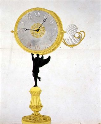 Ormolu Saat Tasarımı, c.1825 (kağıt üzerine kalem ve mürekkep ve sulu boya) by French School