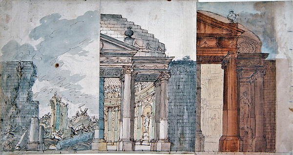 18. yüzyılın sonlarında bir opera seti tasarımı (kalem ve mürekkep ve kağıt üzerine sulu boya) by French School