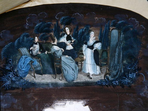 Çay partisini tasvir eden bir fanın dekorasyonu için tasarım (kağıt üzerine guaj) by French School
