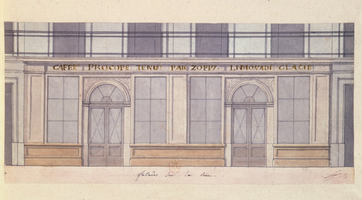 19. yüzyılın başlarında Cafe Procope cephesi için tasarım (kağıt üzerinde kalem & mürekkep ve wc) by French School