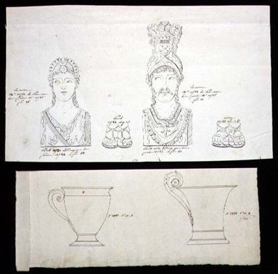 Yaldızlı bronz ormolu mobilya ayakları ve Fransız İmparatorluğu porselen bardaklar için tasarımlar, c.1820 (kağıt üzerine kalem ve mürekkep) by French School