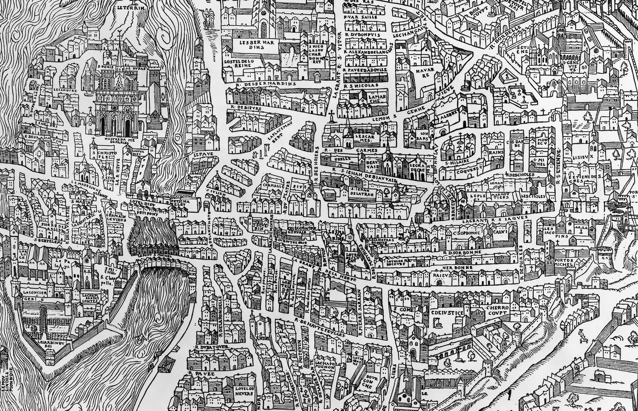 quartier des Ecoles, 1552 gösteren Henri II döneminde Paris haritasından detay by French School