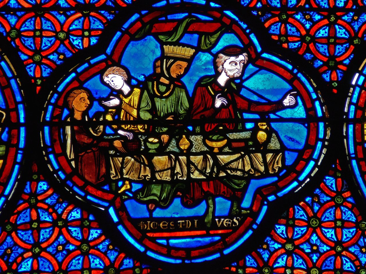 Lazarus ve Dives meselini gösteren bir pencereden detay by French School