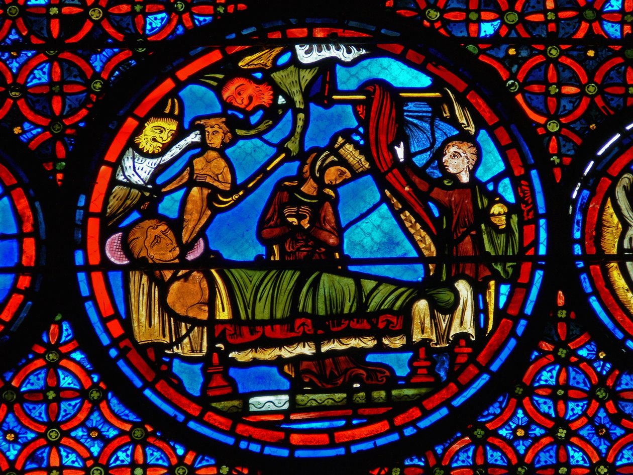 Lazarus ve Dives meselini gösteren bir pencereden detay by French School