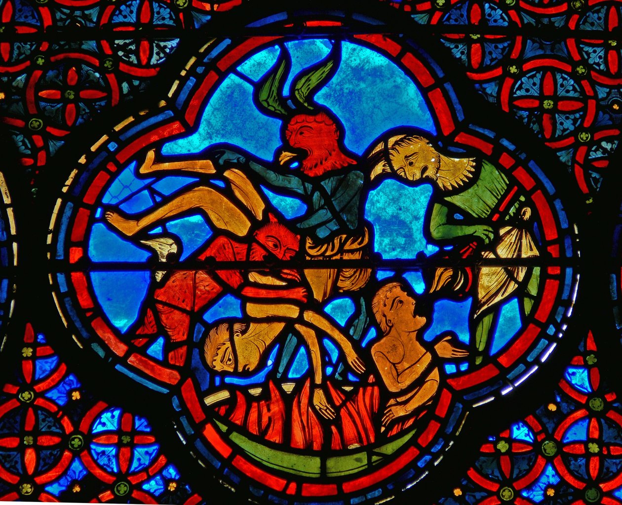 Lazarus ve Dives meselini gösteren bir pencereden detay: cehennemdeki zengin adam by French School