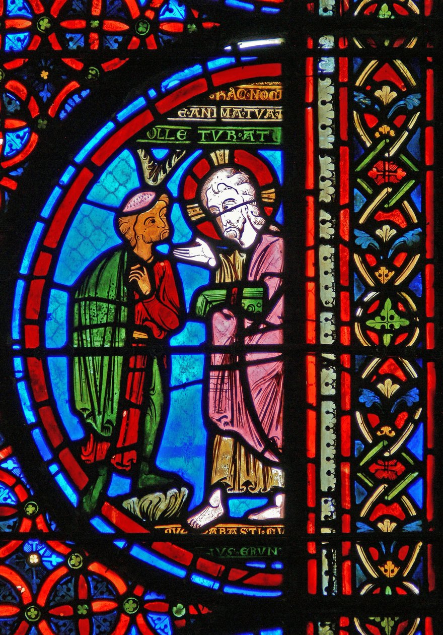 Lazarus ve Dives meselini gösteren bir pencereden detay: İsa ile zengin adam by French School