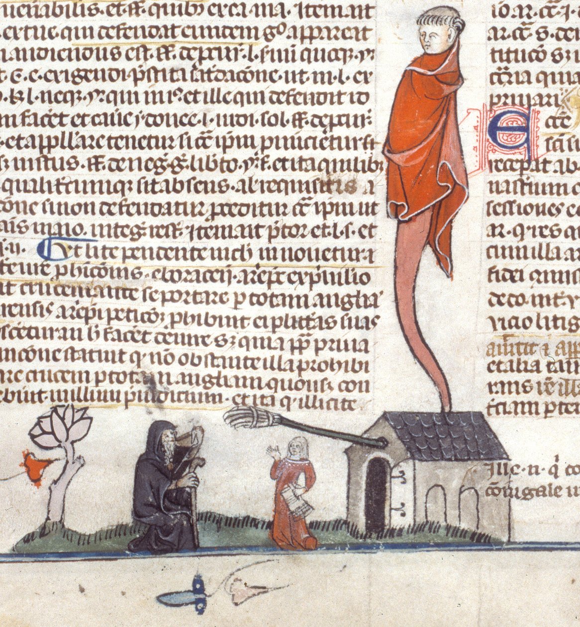 Bir tavernanın dışında oturup bira içen bir münzevinin alt sayfa sahnesinin detayı, c.1300-40 (parşömen üzerine mürekkep) by French School