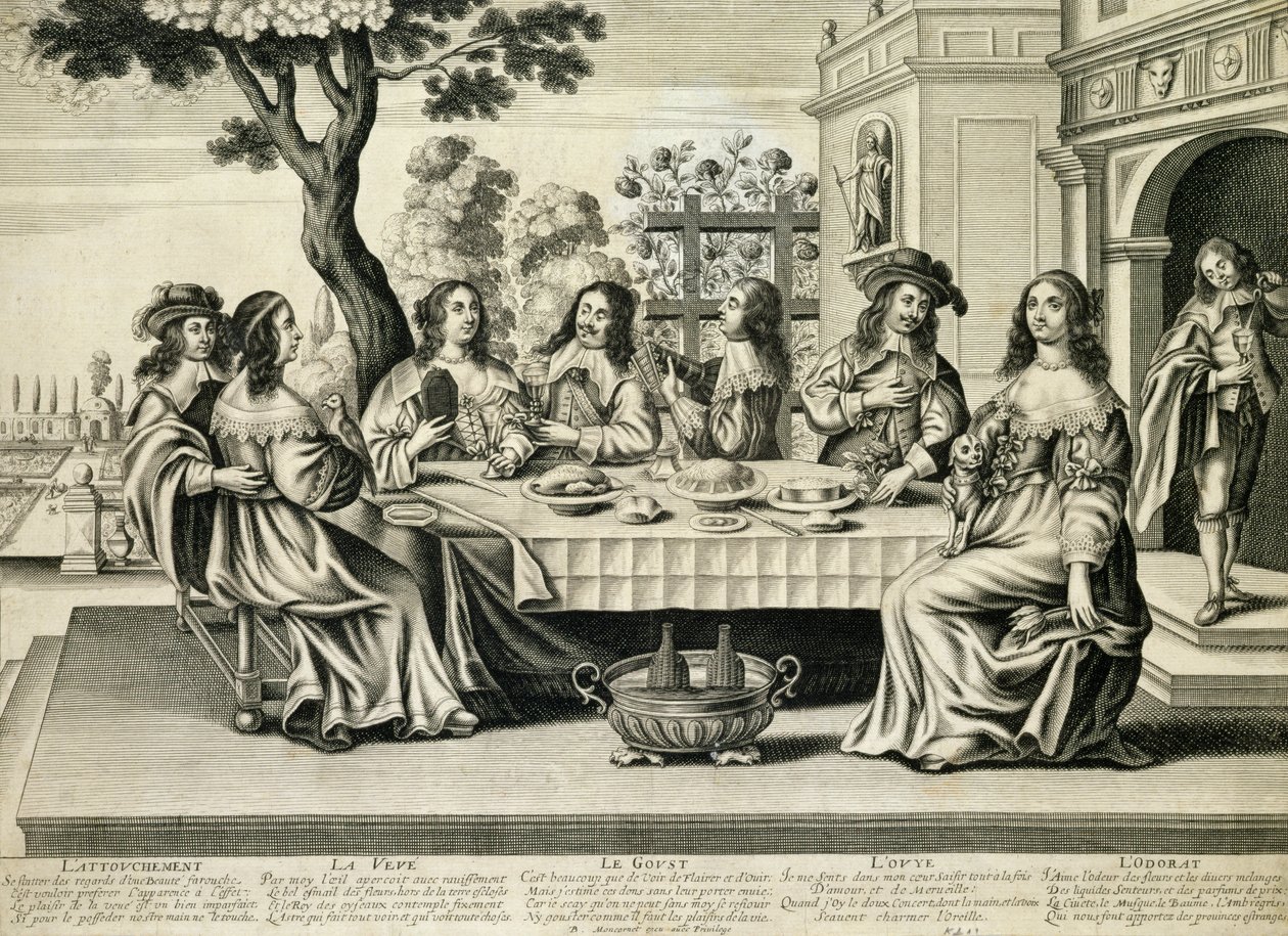 Balthazar Moncornet (c.1600-68) tarafından oyulmuş, aşağıda resmi bir bahçeye sahip terasta yemek yiyenler by French School