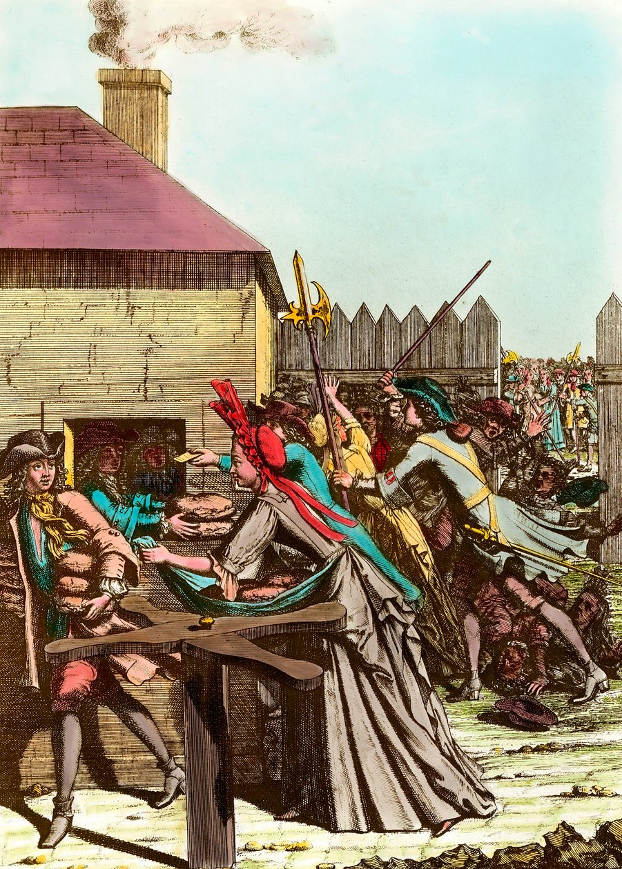 Hububat fiyatlarının yükselmesine ve büyük kıtlıklara neden olan Büyük Kış'ı takiben 1709'da Louvre'da kralın ekmeğinin dağıtılması. 18. yüzyılın sonundan gravür. Özel koleksiyon by French School