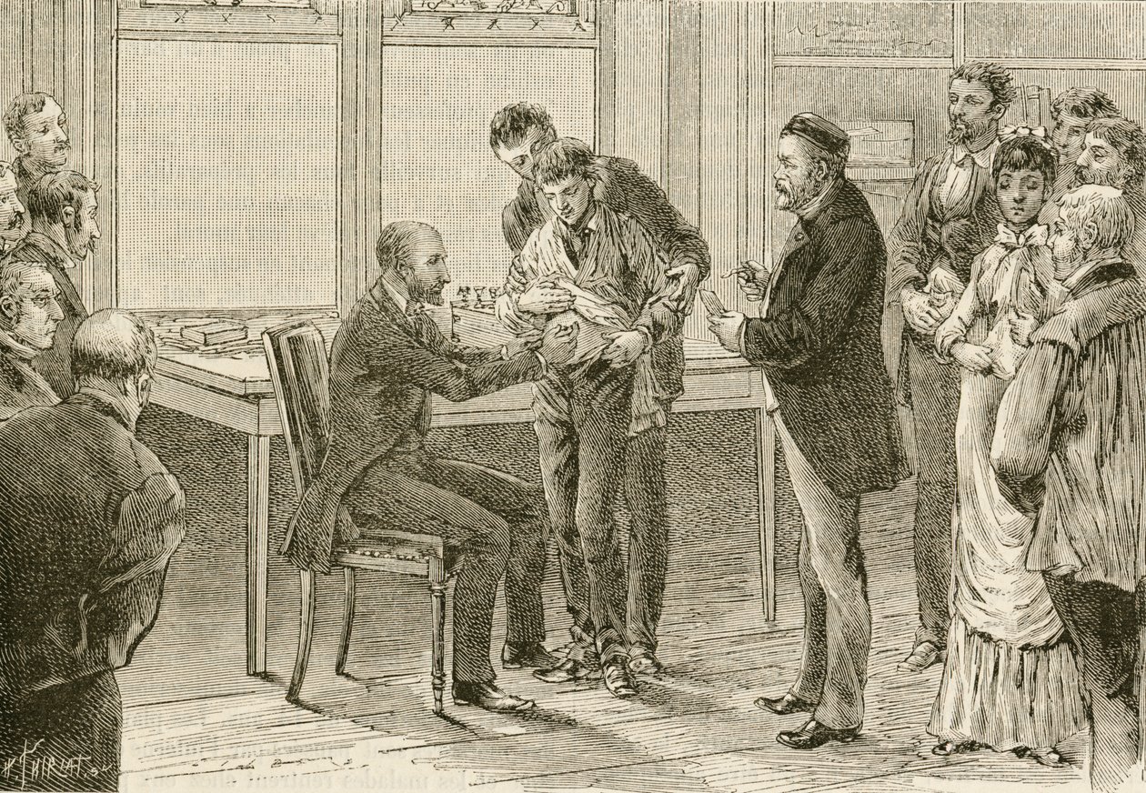 Doktor Pasteur kuduza yakalanmış bir çocuğu muayene ediyor. 19. yüzyıl (gravür) by French School