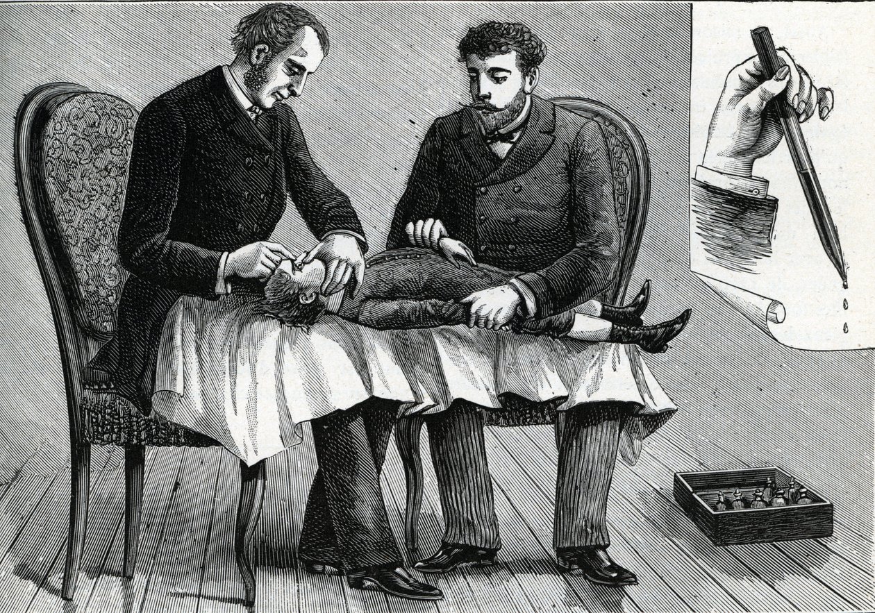 Bir çocuğun gözlerini muayene eden ve göz damlası enjekte eden doktorlar (gravür) 1888 by French School