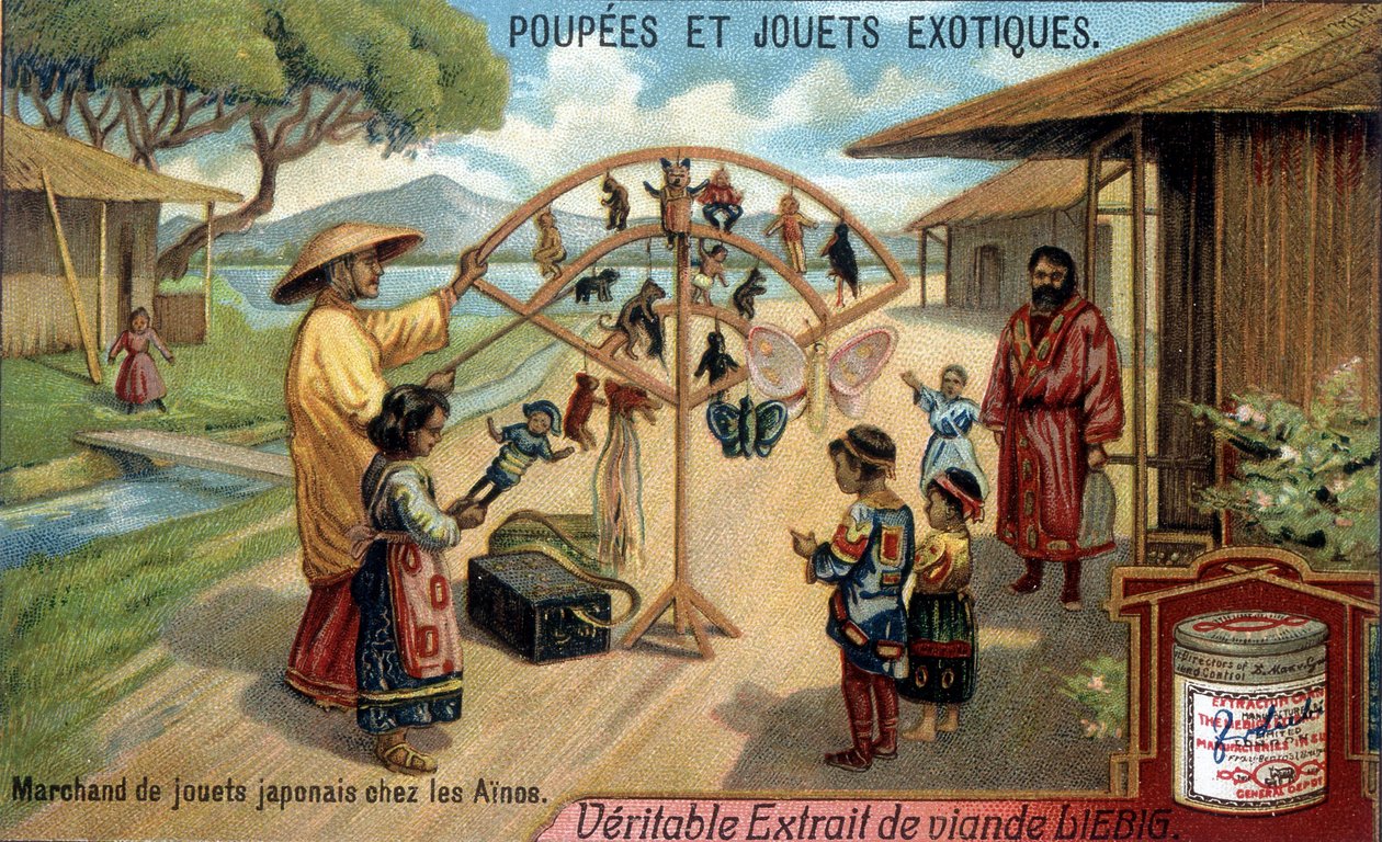 Bebekler ve egzotik oyuncaklar: Chishima'nın Ainu (Ainu) kabilesindeki Japon oyuncak satıcısı. Liebig ürünlerinin kromolitografisi. by French School