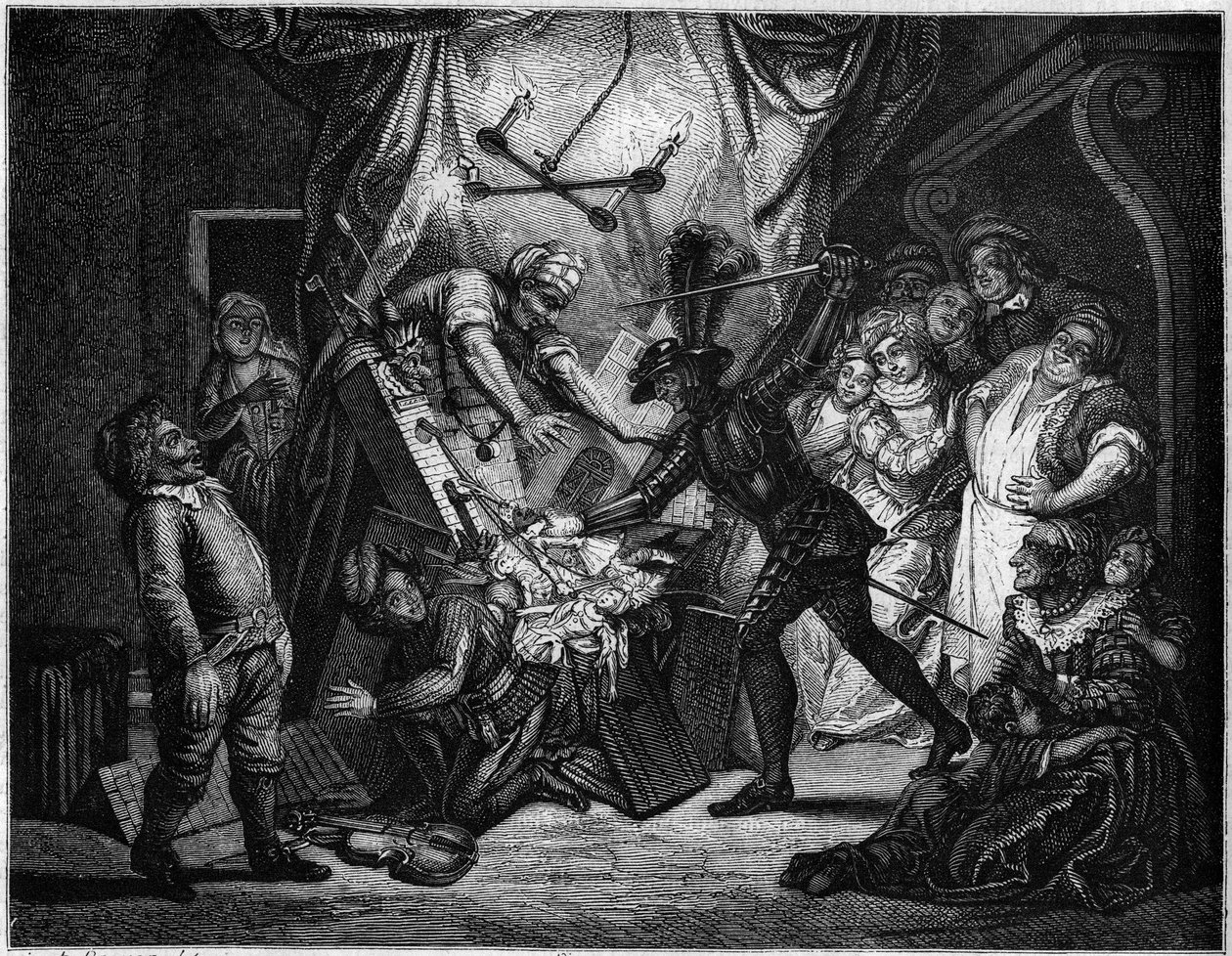 Don Kişot, Moors olduğunu düşündüğü kuklalarla savaşır. Charles Antoine Coypel