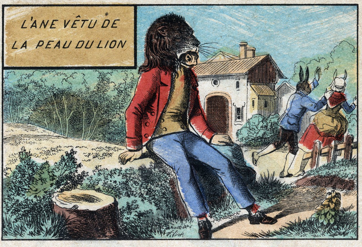 Aslan postu giyen eşek. Jean de La Fontaine (1621-95) Masalları. 19. yüzyılın sonundan Epinal