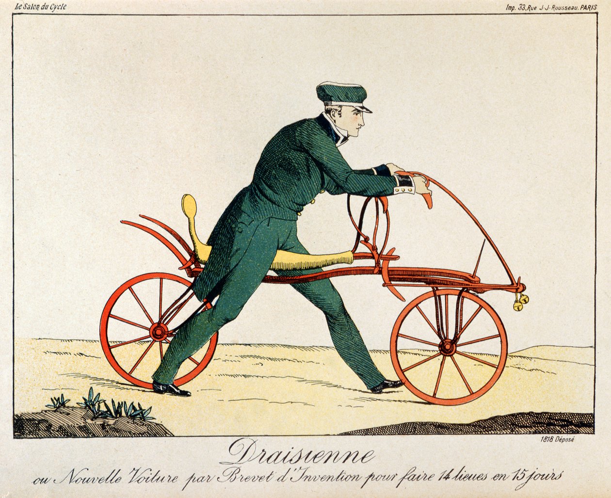 Draisienne, bisikletin atası, 1820 (renkli gravür) by French School