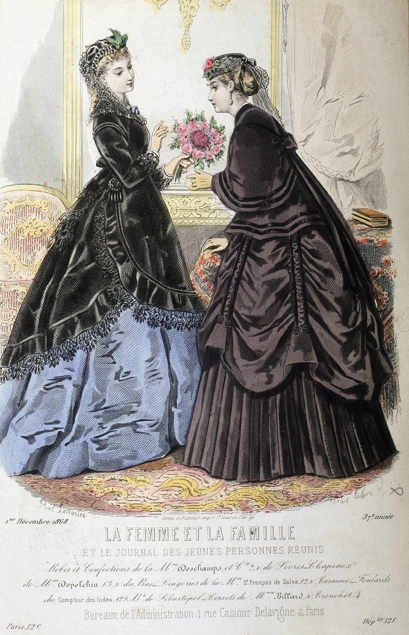 Elbiseler ve saç modeli - 01/12/1868 tarihli “Kadın, aile ve gençlerin gazetesi yeniden bir araya geldi””” bölümünde. by French School