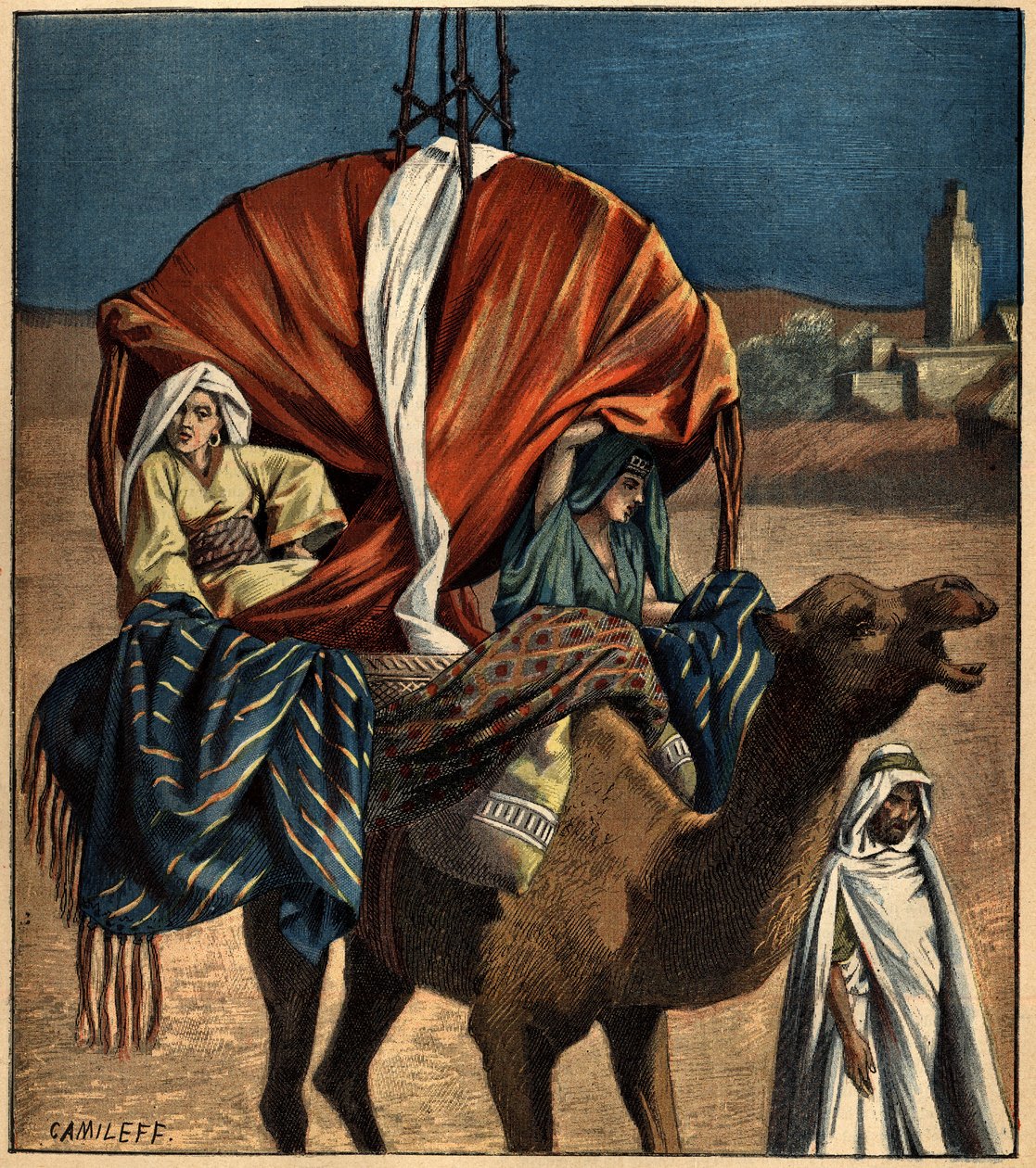 Dromedary bir ulaşım aracı olarak kullanılır. Tunus, Afrika by French School