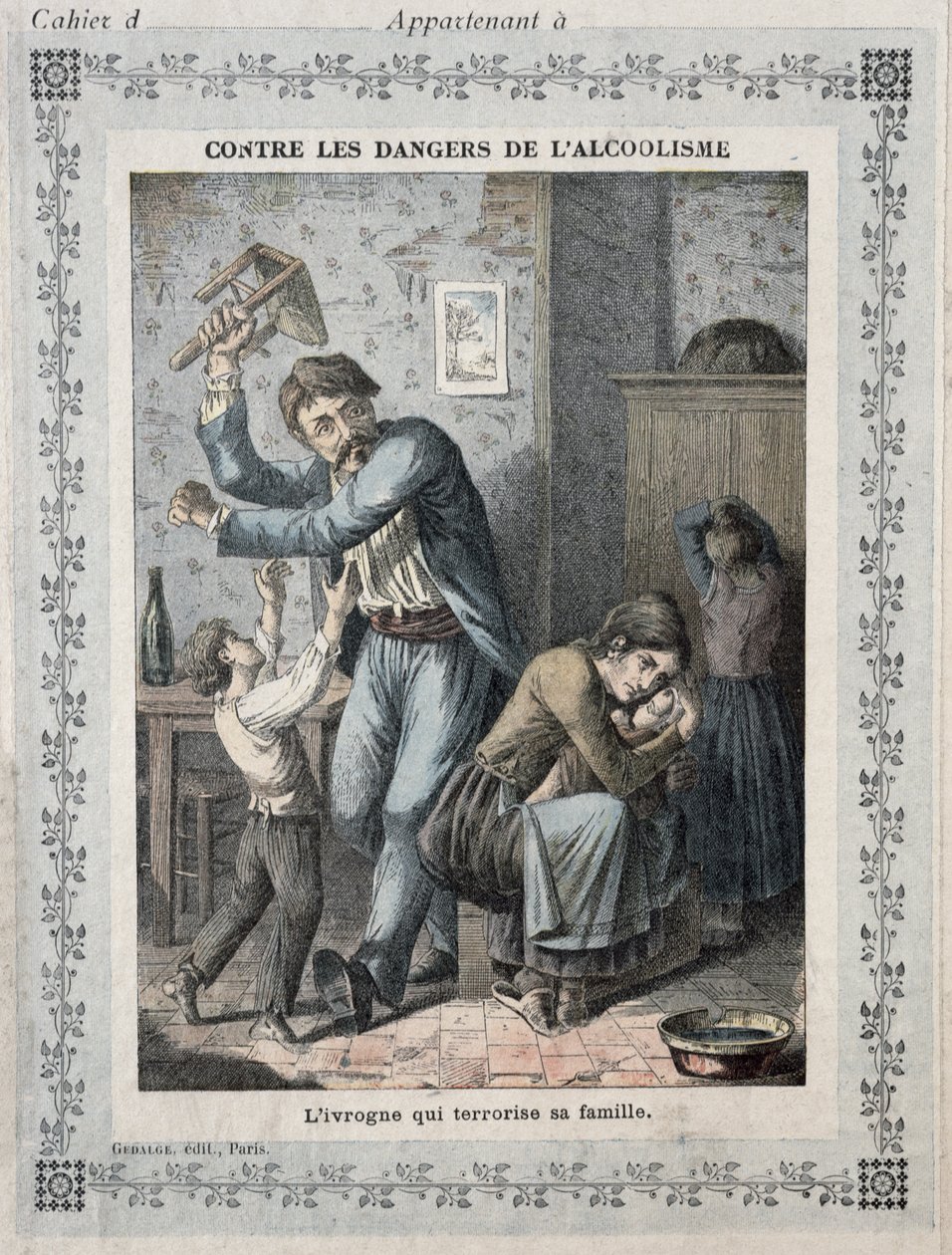 Sarhoş ailesini korkutuyor, bir okul alıştırma kitabının kapağı. yaklaşık 1900 by French School