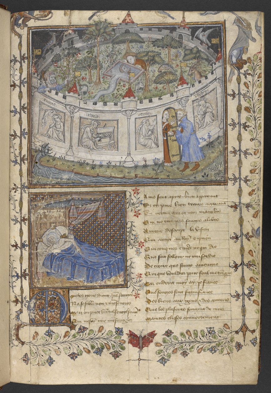 Egerton MS 1069 f.001r Duvarlı Bahçe, Guillaume de Lorris ve Jean de Meung tarafından 