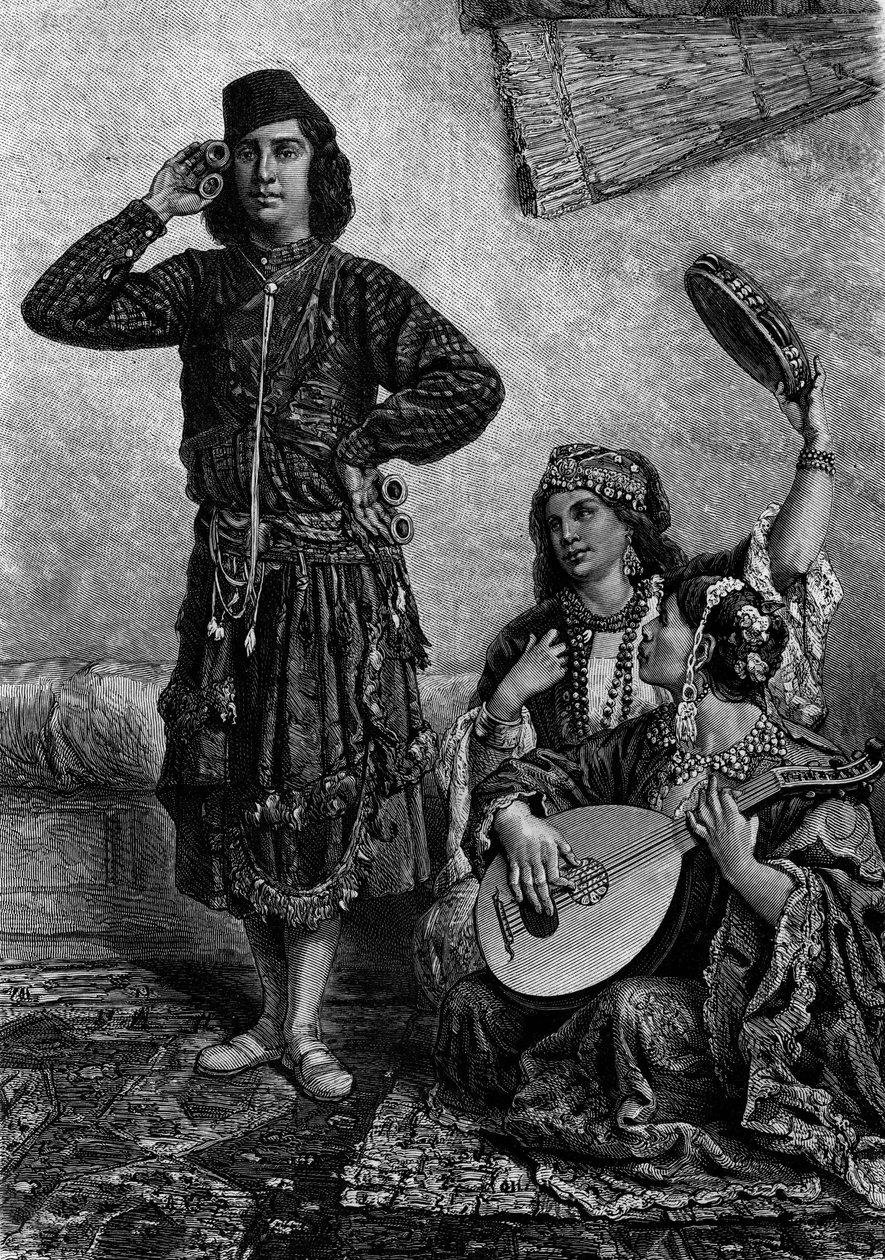 Mısırlı müzisyenler ve dansçılar. Adam zilleri parmaklarının arasında tutar. “” Le Journal de la jeunesse” üzerine gravür by French School