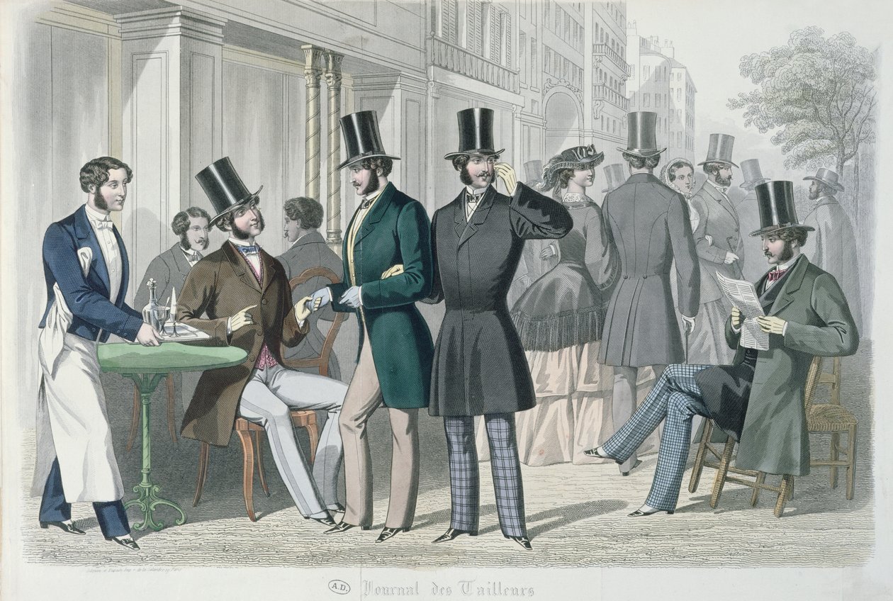 Bir Kafenin Terasında Zarif Genç Adamlar, 1857 (renkli gravür) by French School