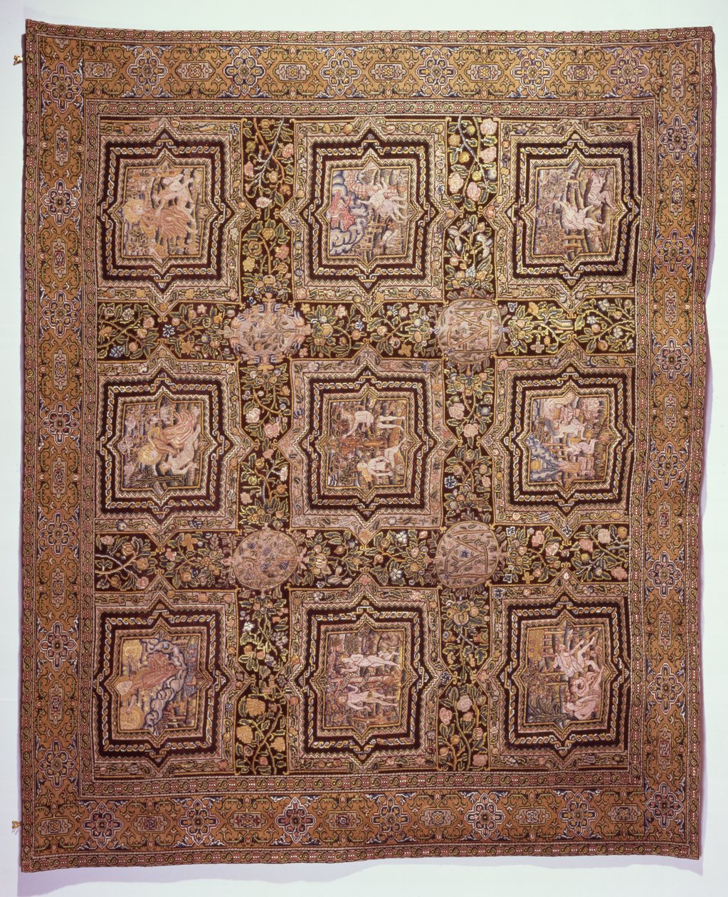 İncil sahneleri ile işlemeli masa halısı, c.1600 (keten tuval üzerine yün ve ipek) by French School
