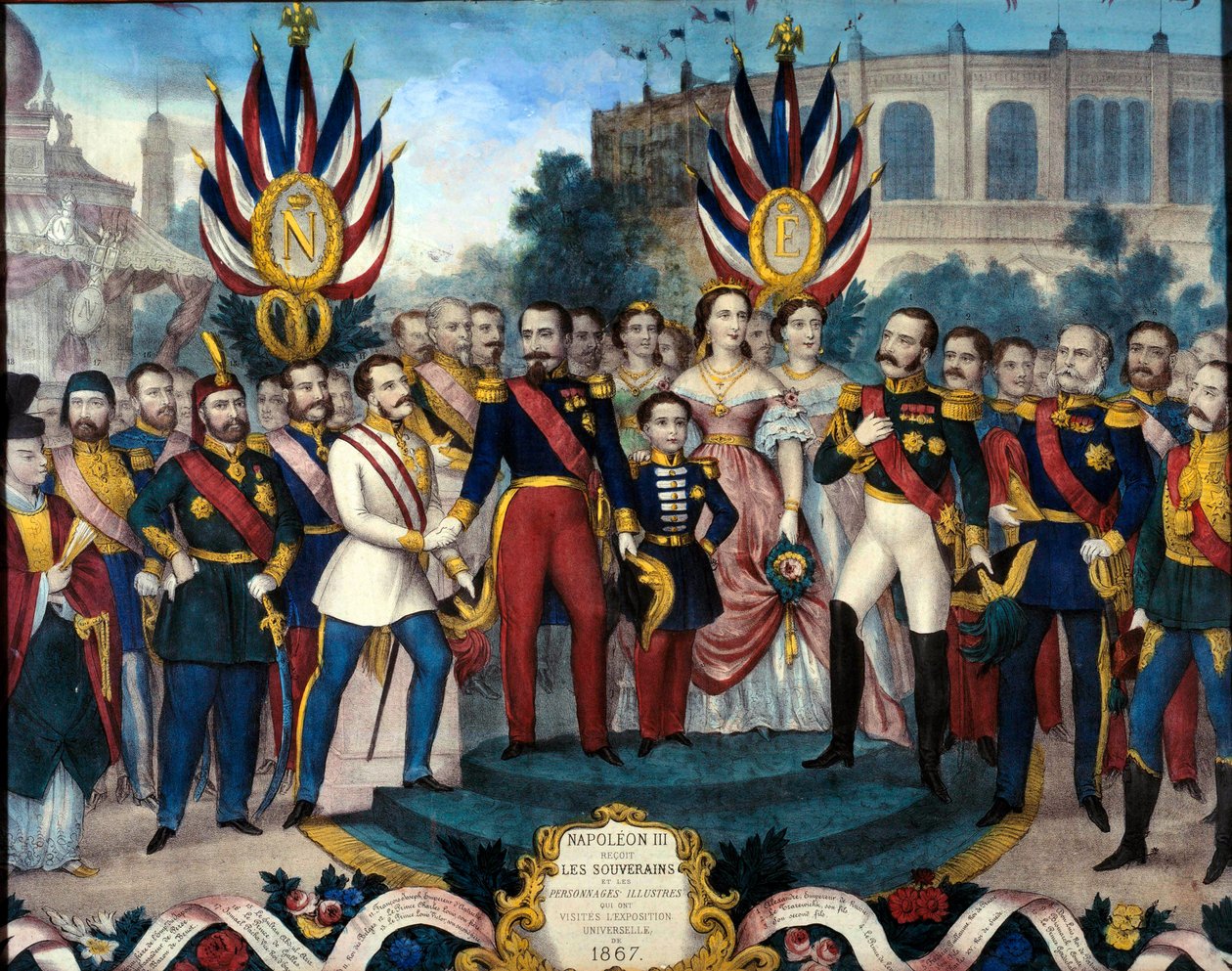 İmparator Napolyon III (1808-1873), 19. yüzyılın 1867 Evrensel Sergi Gravüründe yabancı hükümdarları kabul etti. Compiegne kale müzesi by French School