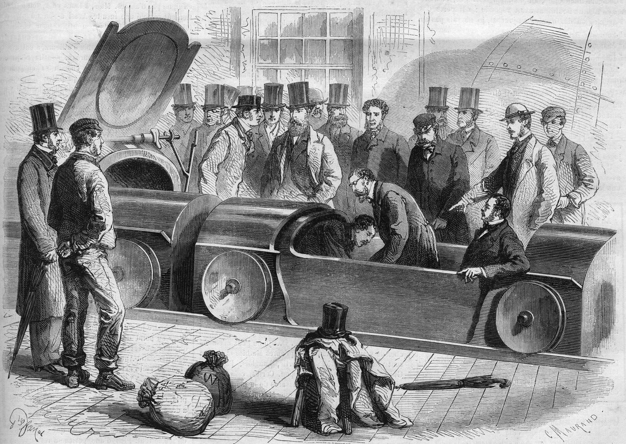İngiltere 1865: Londra Hava Demiryolu. Buckingham Dükü ve şirketin birkaç üyesi pnömatik yolculuğa başladı. 1865