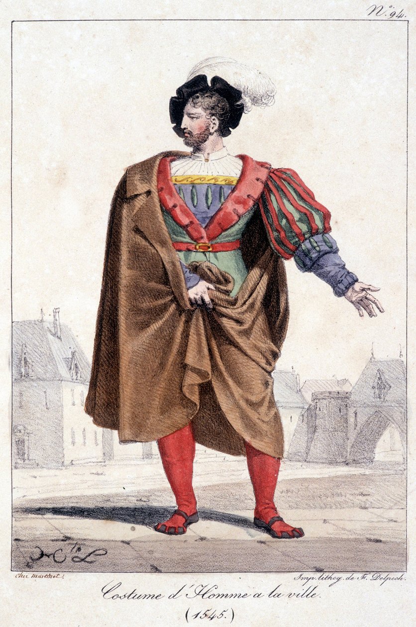 1545 civarında kostümlü bir şehir adamının gravürü. by French School