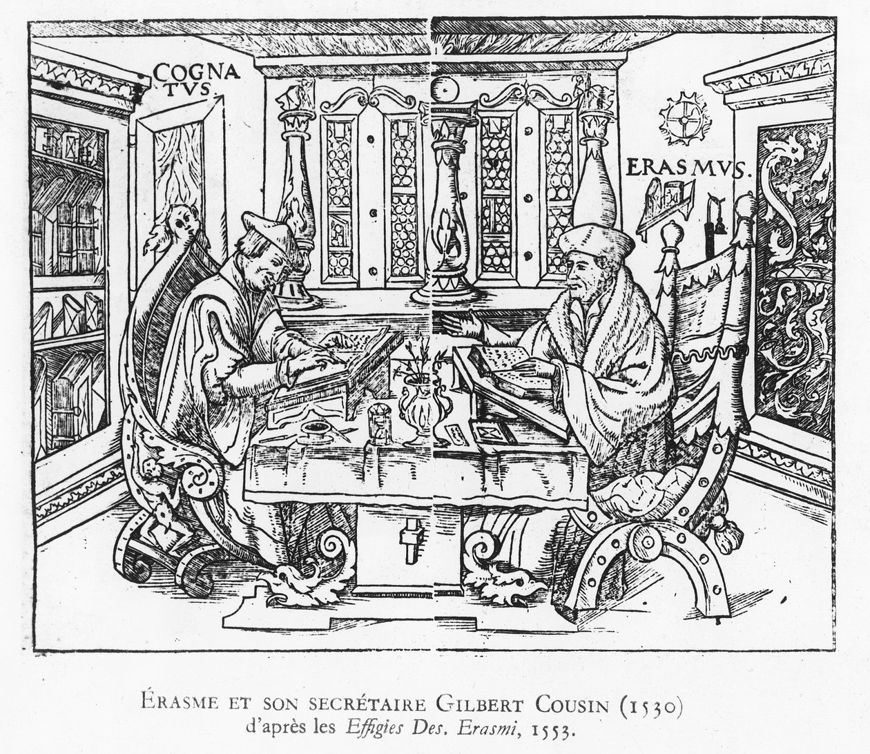Erasmus ve sekreteri Gilbert Cousin (tahta baskı) by French School