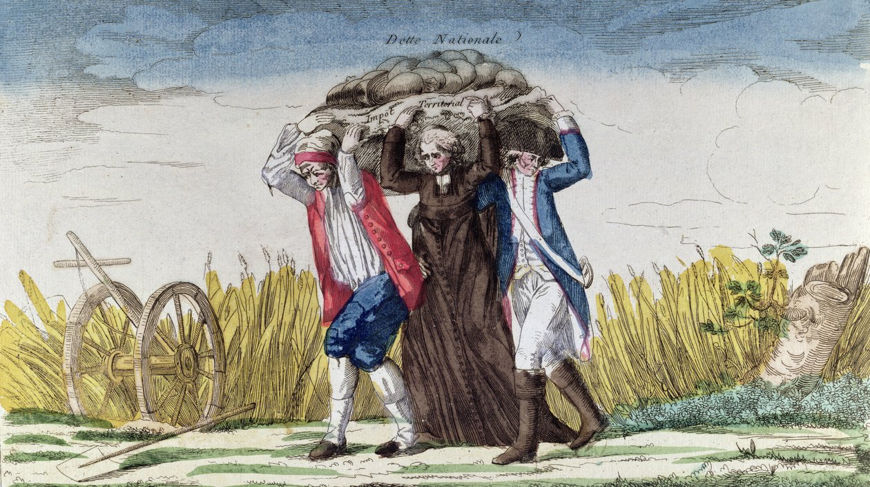 Vergilerin ve Devlet Borçlarının yükünü herkes taşır, c.1789 (renkli gravür) by French School
