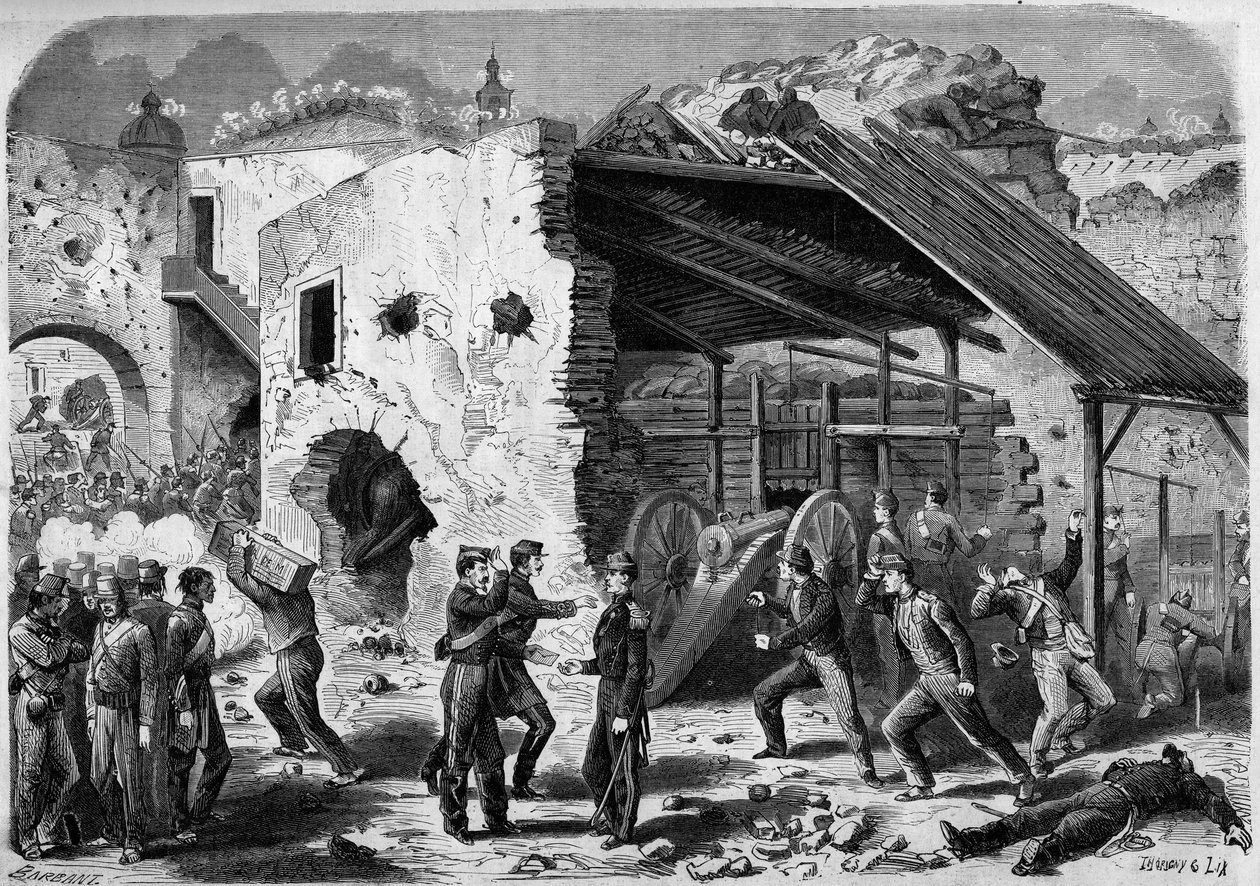 Meksika seferi (1861-1867) - Puebla kuşatması - 1863: Fransız ordusu tarafından bir çerçeveye (ev bloğu) saldırı. Şehrin içine girdikten sonra, Fransız askerleri çeyrek çeyrek savaşmak zorunda kaldı. "Dünya I" de gravür by French School