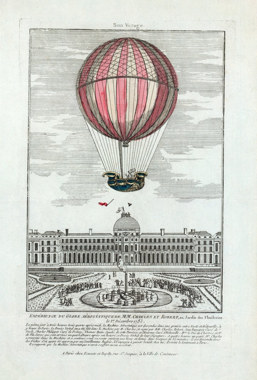 MM'nin aerostatik küresinin deneyimi. Charles ve Robert, 1 Aralık 1783'te Jardin des Thuileries'de, pub. 1783 (el boyaması gravür) by French School