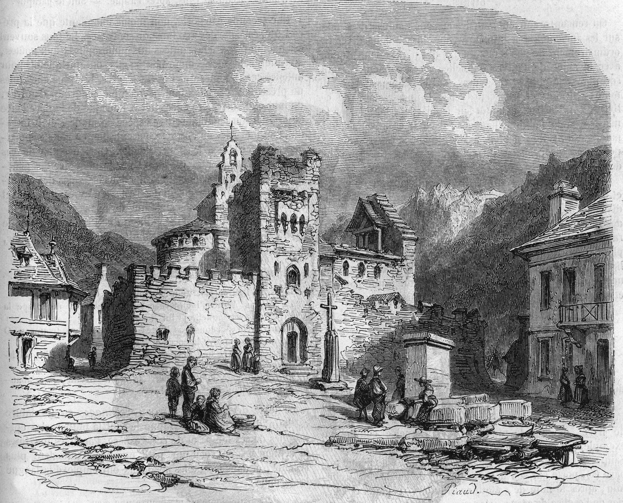 14. yüzyılda güçlendirilmiş Aziz Andre kilisesinin (Tapınakçılar kilisesi) dış görünümü. Luz aziz kurtarıcısı (Luz-Saint-Sauveur), Hautes Pyrenees (65) by French School