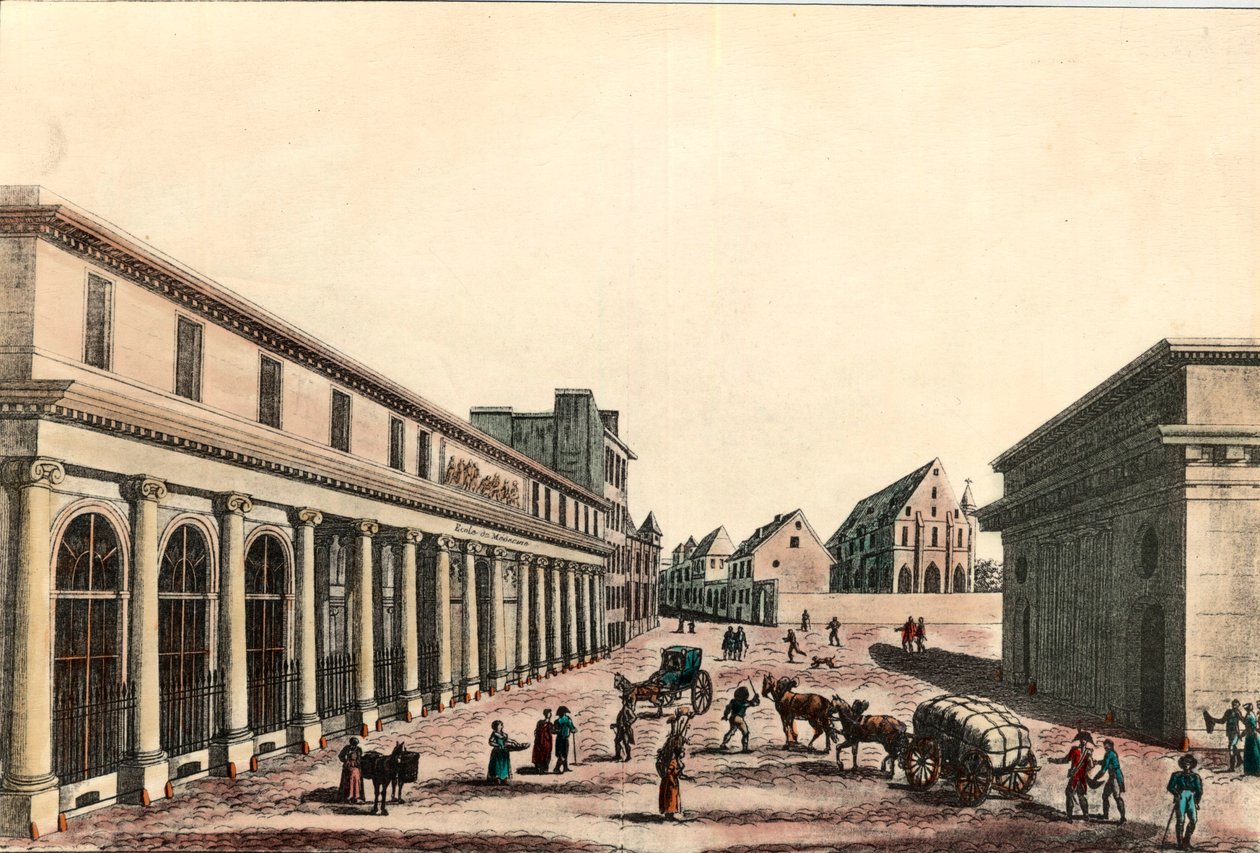 Paris'te Konsolosluğa bağlı tıp fakültesinin dış görünüşü (1799-1804). 19. yüzyıl gravürü. Özel koleksiyon. by French School