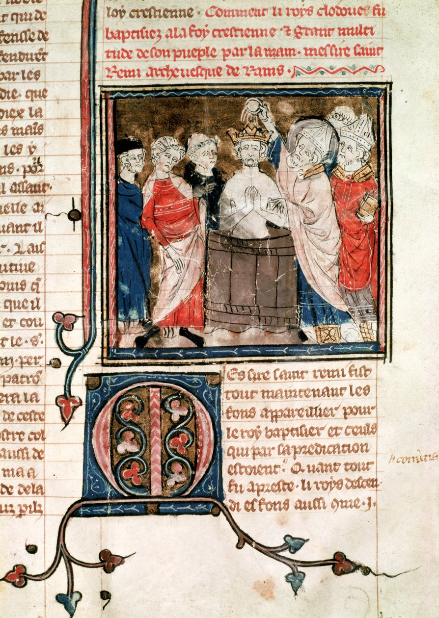 F.11r St. Remigius (c.438-533) Rheims Piskoposu, vaftiz ve Clovis I (465-511) Grandes Chroniques de France