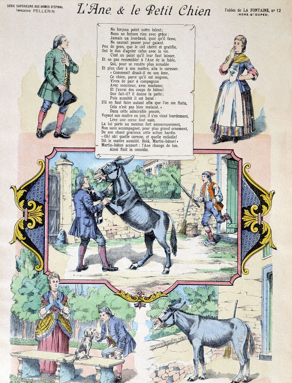 Fable de La Fontaine "Eşek ve Küçük Köpek". Epinal-Pellerin