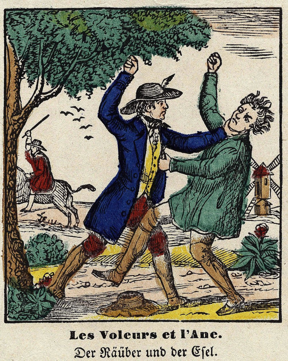 Fables de La Fontaine: hırsızlar ve eşek. Epinal