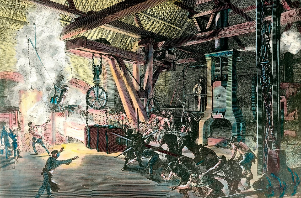 Fabrika: “” Le hamteau davulcusu (çekiçli davulcu) des forges du Creusot in 1865”” 1865 civarında gravür. Özel koleksiyon by French School