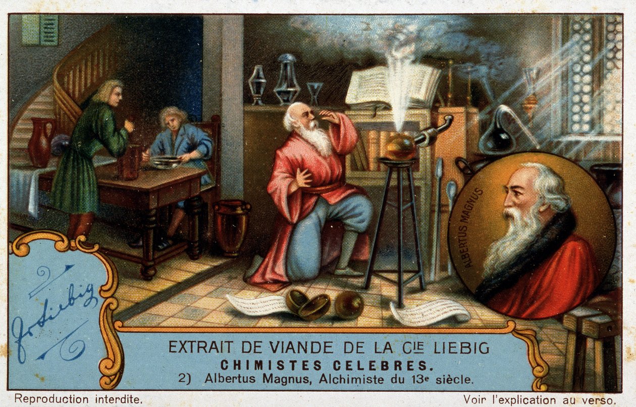 Ünlü kimyagerler: Büyük Albert veya Albertus Magnus (1206 - 1280) olarak bilinen Albrecht von Bollstadt, Dominikli kardeşi, Alman kimyacı ve simyacı Thomas Aquinas'ın profesörü resimde çırak olarak gösterilebilir. by French School
